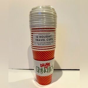 Cute “Drink Up Grinches” Holiday Travel Cups with Lids & Sleeves- Set of 12- NWT